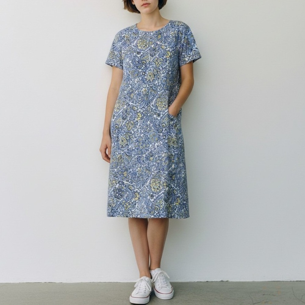 Talbots Womens Blue Yellow Paisley Print Short Sleeve Shift Dress with Pockets L